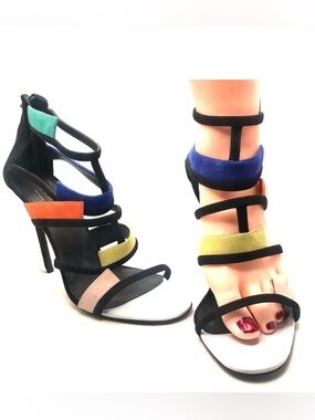 GREY MER MULTI-COLOR STILETTO HEEL STRAPPY ITALIAN SUEDE SHOES (39)